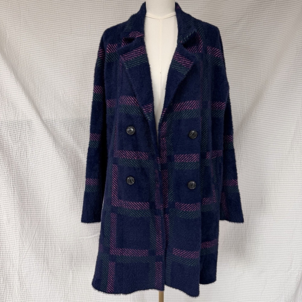 Anthropologie NVLT Eyelash Knit Plaid Double Breasted Purple Trench Coat Soft